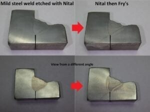 Mild steel weld etched with Nital then Fry's reagent