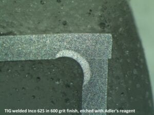 TIG welded Inconel 625 etched with Adler's reagent